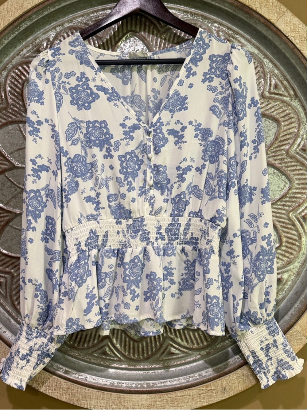 Sienna Sky White Blouse with Light Blue Floral Smocked Waist Balloon Sleeve